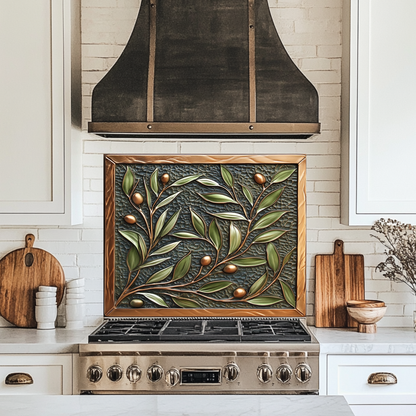 Copper Look Olive Branches One Piece Tempered Glass Kitchen Splashback For Stove Behind, Kitchen Backsplash, Wall Art