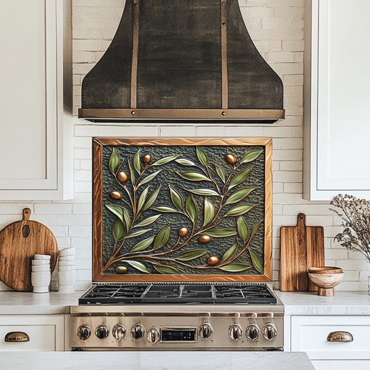 Copper Look Olive Branches One Piece Tempered Glass Kitchen Splashback For Stove Behind, Kitchen Backsplash, Wall Art