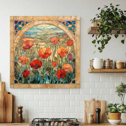 Colorful Poppy Flowers Glass Backsplash • Artistic Floral Kitchen Panel • Bold Botanical Wall Accent • Vibrant Modern Home Decor