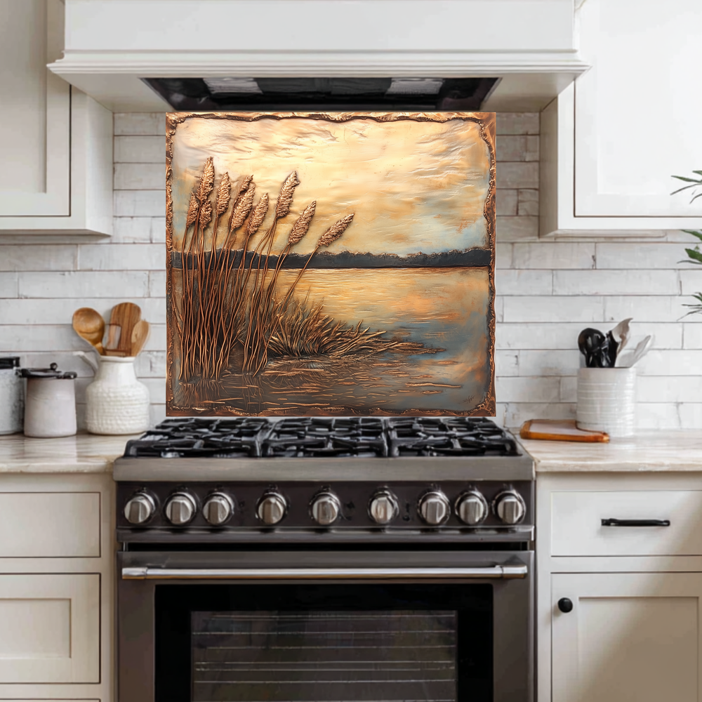 Copper Relief Look Reeds One Piece Tempered Glass Kitchen Splashback For Stove Behind, Kitchen Backsplash, Wall Art