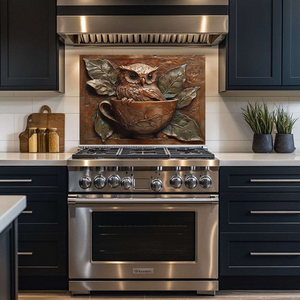 Rustic Owl Copper Look Glass Backsplash Panel, Embossed Style Owl Print on Tempered Glass Wall Art, Artistic Kitchen Splashback