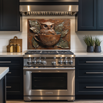 Rustic Owl Copper Look Glass Backsplash Panel, Embossed Style Owl Print on Tempered Glass Wall Art, Artistic Kitchen Splashback