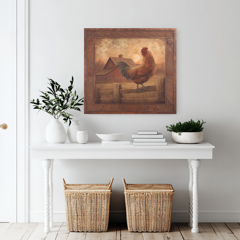 Copper Embossed Look Mediterranean Rooster Glass Backsplash • Rustic Kitchen Panel • Artistic Farmhouse Tile Design • Traditional Wall Piece
