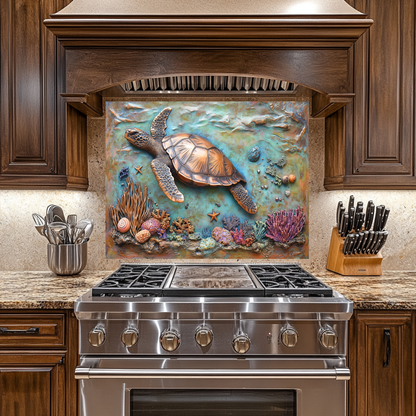 Copper Embossed Look Sea Turtle Glass Backsplash • Coastal Kitchen Panel • Artistic Ocean Texture • Nautical Decorative Panel