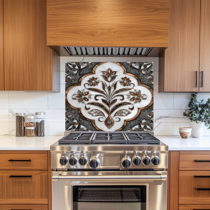 Ottoman Pattern on Marble Print Background Glass Backsplash for Kitchen Stove, Custom Wall Art, Heat-Resistant Kitchen Decor