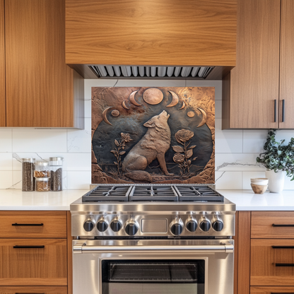 Copper Embossed Look Wolf Glass Backsplash • Wild Nature Kitchen Panel • Artistic Textured Style • Animal Decorative Panel