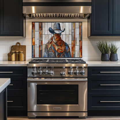 Stained Glass Style Western Cowboy Glass Backsplash Panel, UV Printed Tempered Kitchen Wall Art, Rustic Western Home Decor