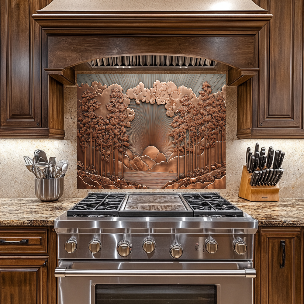 Copper Tone Sun Shine & Glass Tree Landscape Printed Tempered Glass Kitchen Backsplash Splashback or Wall Art Panel