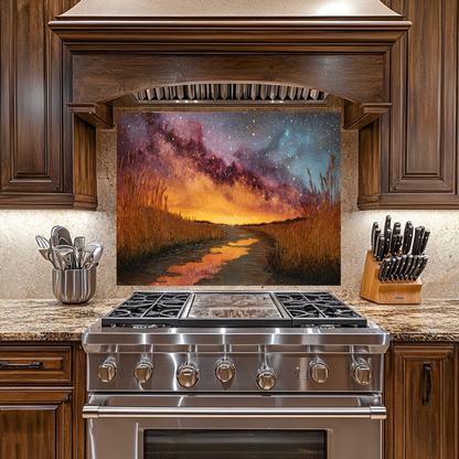 Starry Sky Nature Glass Backsplash • Night Landscape Kitchen Panel • Cosmic Forest Wall Art • Scenic Galaxy Design