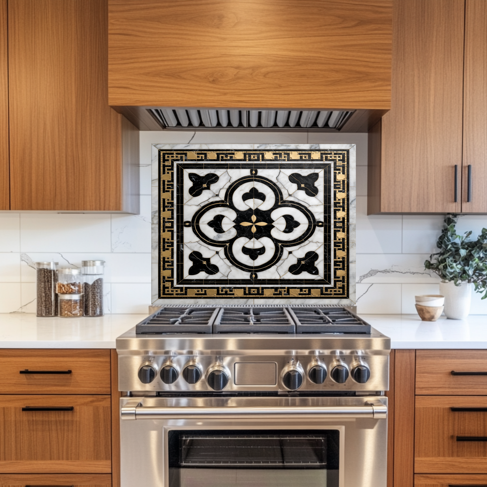 Ottoman Pattern on Marble Print Background Glass Backsplash for Kitchen Stove, Custom Wall Art, Heat-Resistant Kitchen Decor