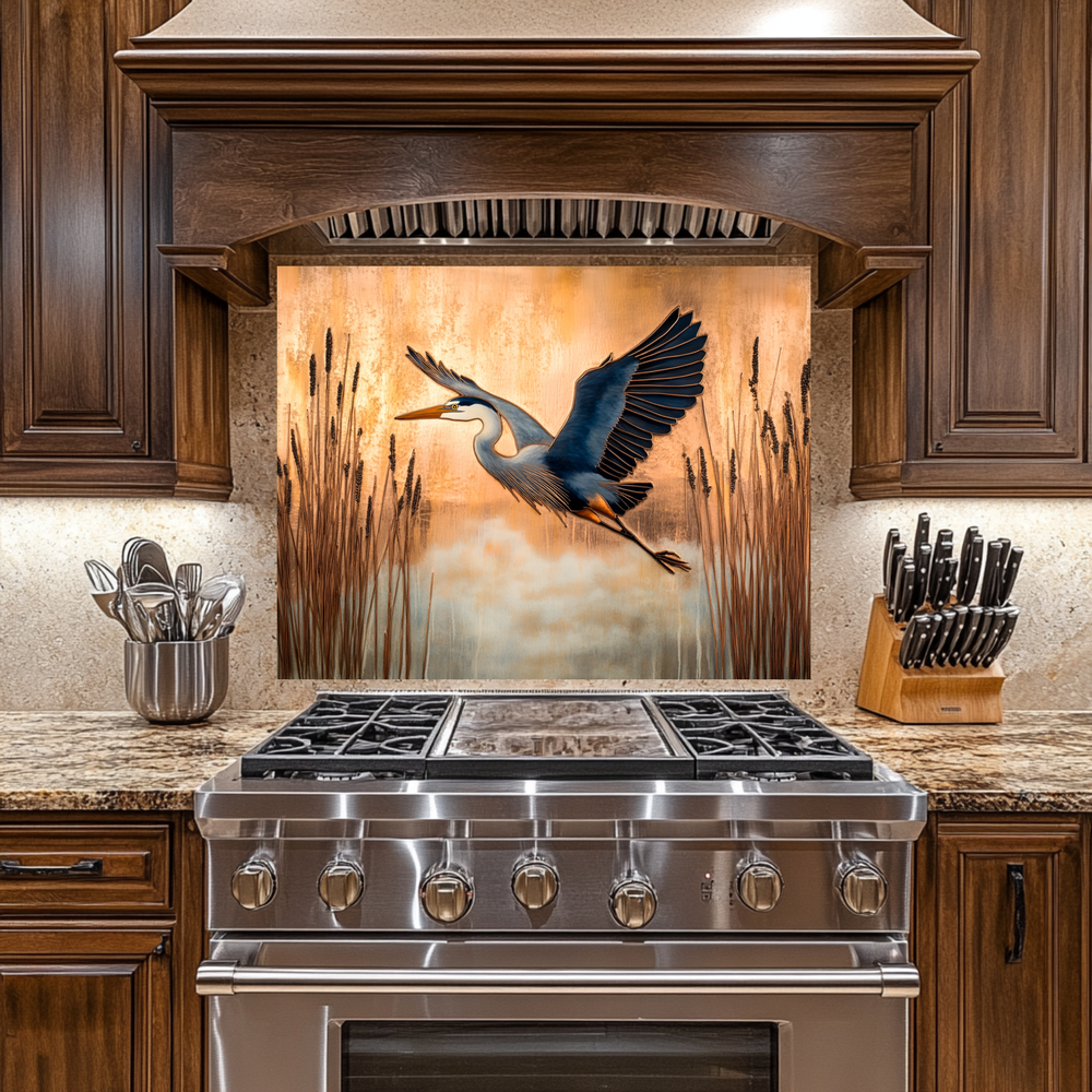 Copper Blue Heron Glass Backsplash Panel, Nature Inspired Kitchen Wall Art, Bird Theme Decorative Glass Tile, Rustic Coastal Home Decor