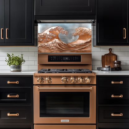Copper Look Ocean Wave Glass Backsplash • Coastal Wall Art Panel • Artistic Blue Water Kitchen Decor • Textured Inspired Ocean Tile