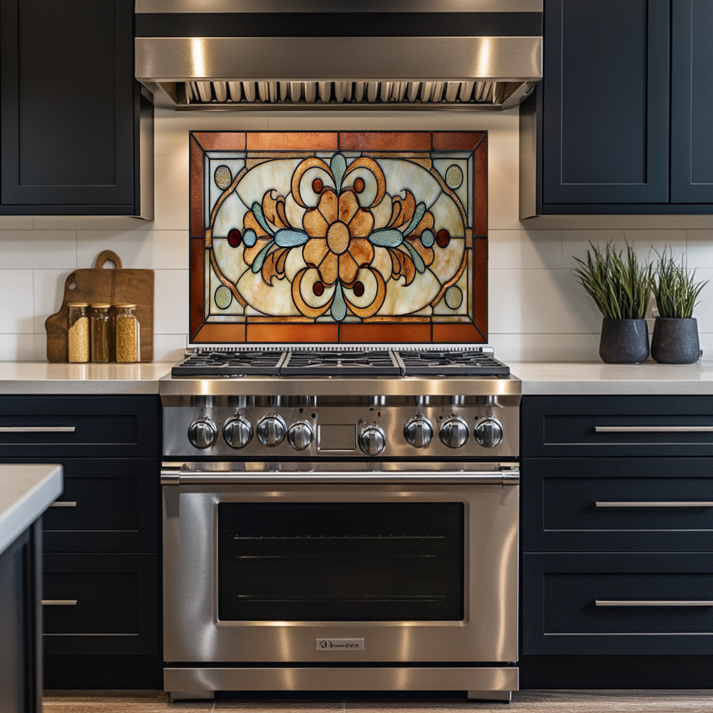 Floral Stained Look Glass Style Backsplash Panel, Tempered Glass Wall Art, Timeless Color Design, Elegant Kitchen Decor, Stove Protector