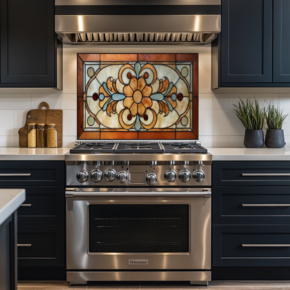 Floral Stained Look Glass Style Backsplash Panel, Tempered Glass Wall Art, Timeless Color Design, Elegant Kitchen Decor, Stove Protector