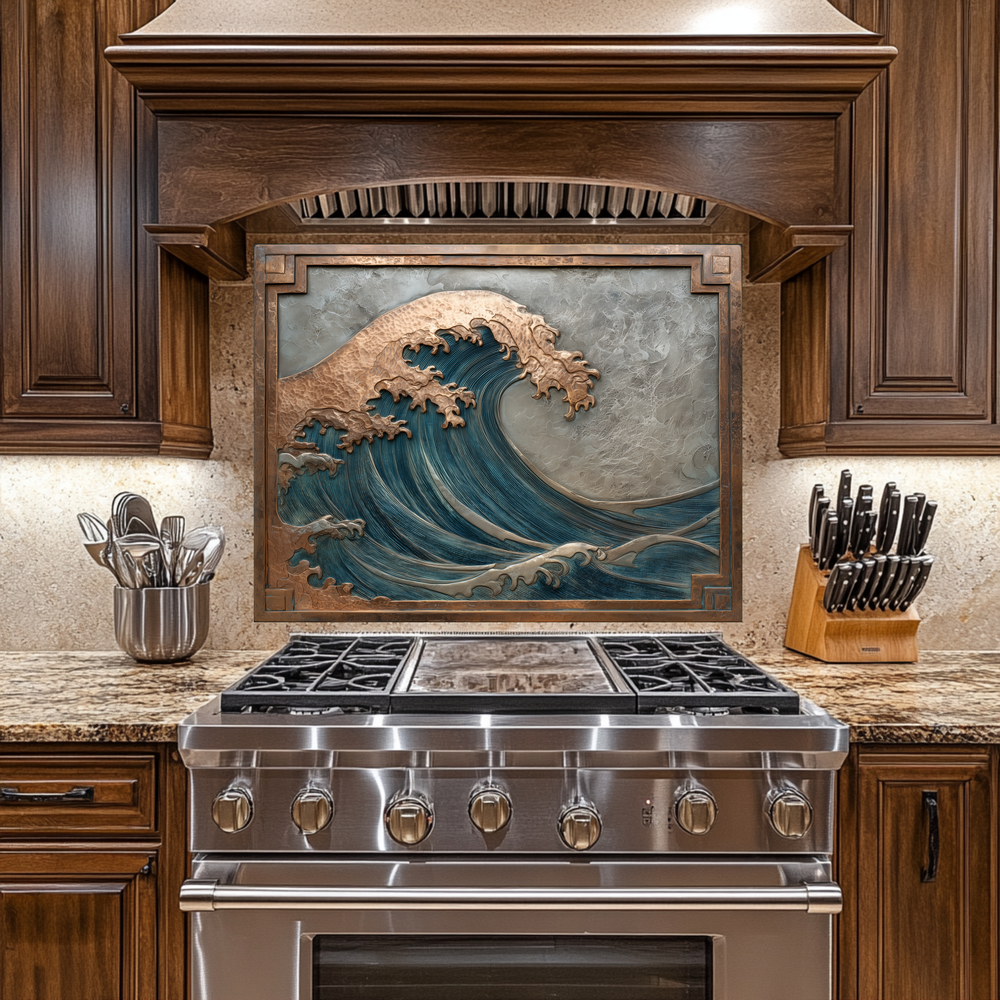 Copper Look Ocean Wave Glass Backsplash • Coastal Wall Art Panel • Artistic Blue Water Kitchen Decor • Textured Inspired Ocean Tile