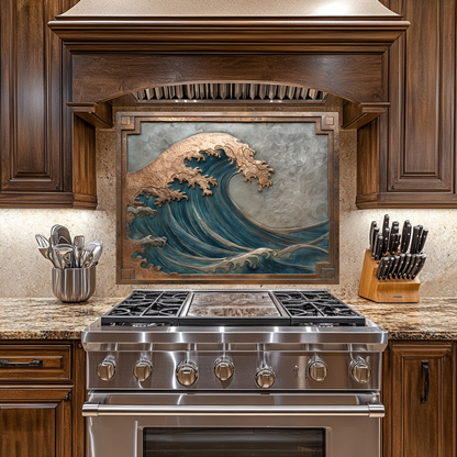 Copper Look Ocean Wave Glass Backsplash • Coastal Wall Art Panel • Artistic Blue Water Kitchen Decor • Textured Inspired Ocean Tile