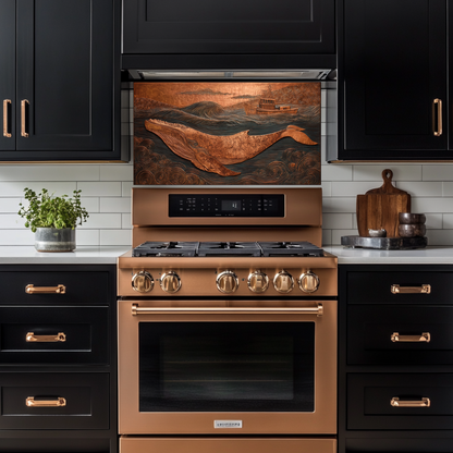 Copper Embossed Look Whale Under Northern Lights Printed Glass Backsplash | Ocean Art Tempered Glass Kitchen Wall Panel,Modern Coastal Decor