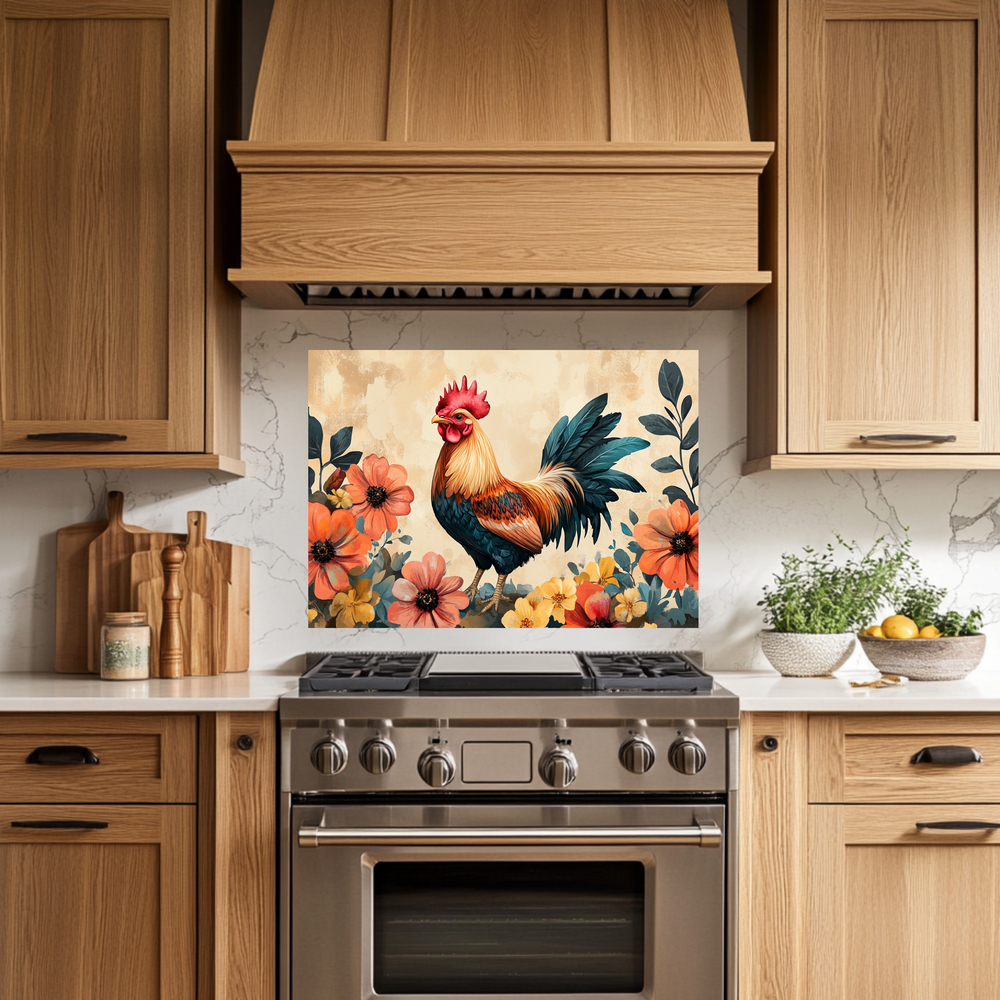 Rustic Colorful Rooster Glass Backsplash • Farmhouse Kitchen Panel • Vibrant Wall Art • Modern Home Decor • Decorative Kitchen Accent