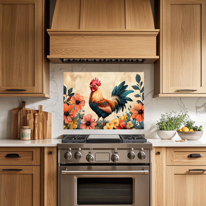 Rustic Colorful Rooster Glass Backsplash • Farmhouse Kitchen Panel • Vibrant Wall Art • Modern Home Decor • Decorative Kitchen Accent