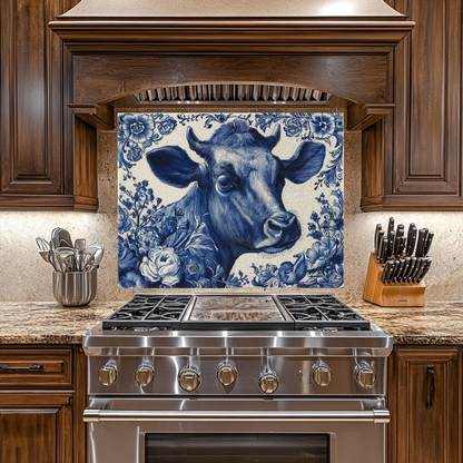 Delft Blue Cow Glass Backsplash Panel, Tempered Glass Wall Art, Dutch Farmhouse Kitchen Decor, Cow Pattern Tile, Rustic Animal Wall Panel