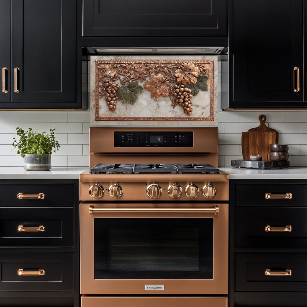 Copper Grape and Vine on Marble Design Printed Tempered Glass Kitchen Backsplash Splashback Decorative Wall Panel for Modern Home Decor