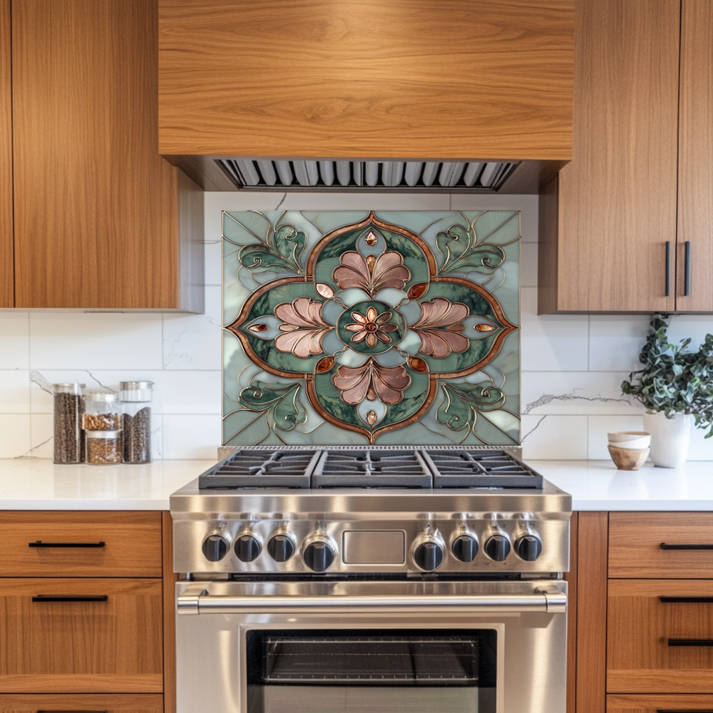 Green Glass Backsplash, Ottoman Tile Look Tempered Glass Kitchen Splashback For Stove Behind, Copper Look Backsplash, Oven Backsplashes