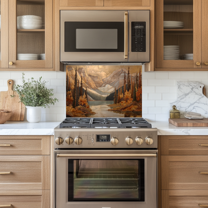 Handmade in USA Pine Tree and Mountain Glass Backsplash, Tempered Glass Splashback and Stove Behind Top Cover, Kitchen Sink Cover