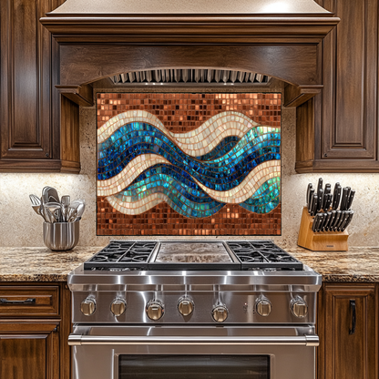 Mosaic Copper Ocean Wave Glass Backsplash • Coastal Wall Art Panel • Artistic Blue Water Kitchen Decor • Textured Nautical Design