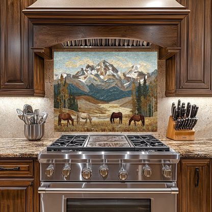 Nature and Horses Mosaic Glass Backsplash • Rustic Kitchen Panel • Artistic Equestrian Wall Art • Scenic Animal Design