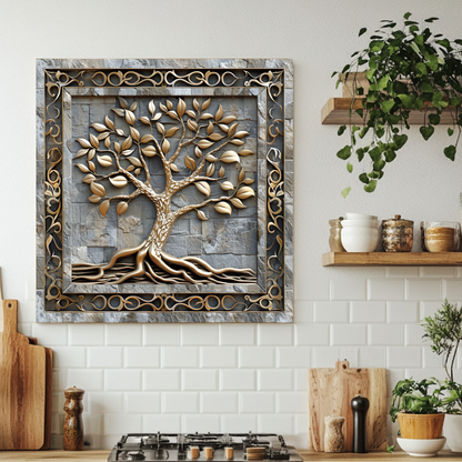Carved Look Tree of Life Print One Piece Tempered Glass Kitchen Splashback For Stove Behind, Kitchen Backsplash, Wall Art