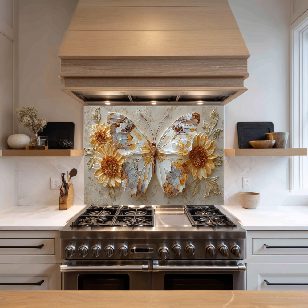 Flower and Butterfly Glass Backsplash • Kitchen Wall Panel • Colorful Nature Art • Modern Home Decor • Decorative Kitchen Accent