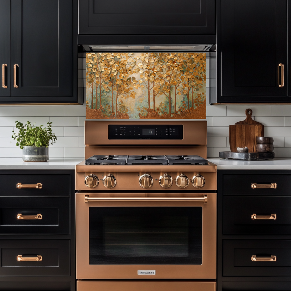 Forest Nature Artwork in Copper Tones Printed Tempered Glass Kitchen Splashback Backsplash Wall Panel for Modern Rustic Decor