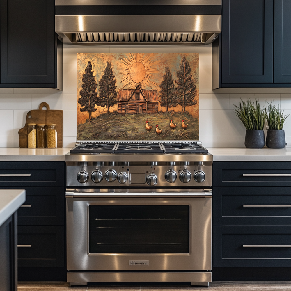 Copper Look Nature and Roosters Landscape Glass Backsplash • Rustic Wall Art Panel • Peaceful Home Decor • Decorative Tile for Stove Behind