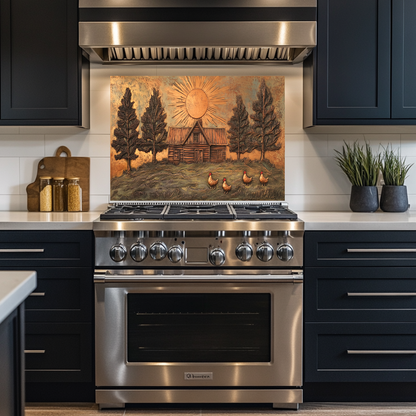 Copper Look Nature and Roosters Landscape Glass Backsplash • Rustic Wall Art Panel • Peaceful Home Decor • Decorative Tile for Stove Behind
