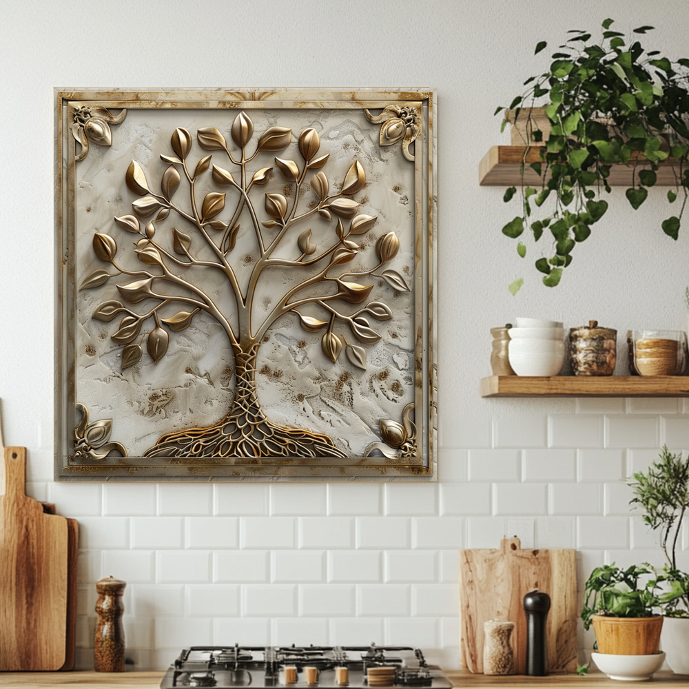 Stone Background Look Golden Tree of Life One Piece Tempered Glass Kitchen Splashback For Stove Behind, Kitchen Backsplash, Kitchen Backsplash, Wall Art