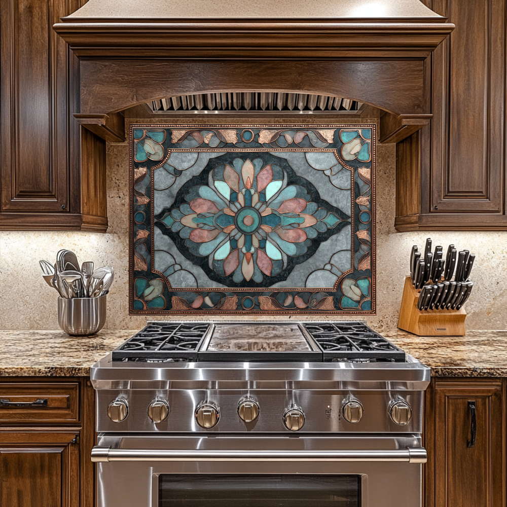 Ottoman Pattern on Marble Print Background Glass Backsplash for Kitchen Stove, Custom Wall Art, Heat-Resistant Kitchen Decor