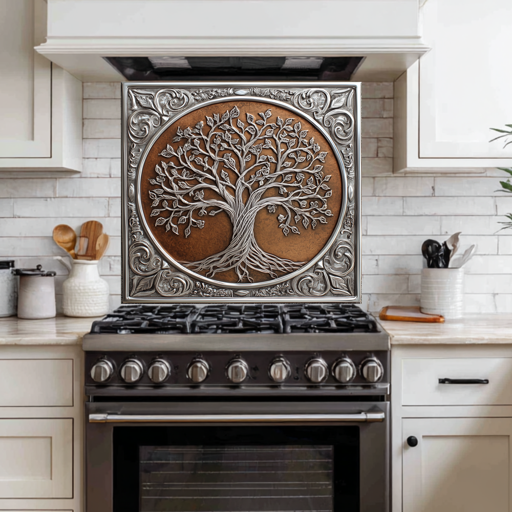 Glass Backsplash, Copper Look One Piece Tempered Glass Kitchen Splashback for Stove Behind, Tree of Life Backsplash, Kitchen Backsplash