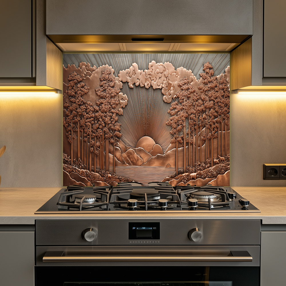 Copper Tone Sun Shine & Glass Tree Landscape Printed Tempered Glass Kitchen Backsplash Splashback or Wall Art Panel