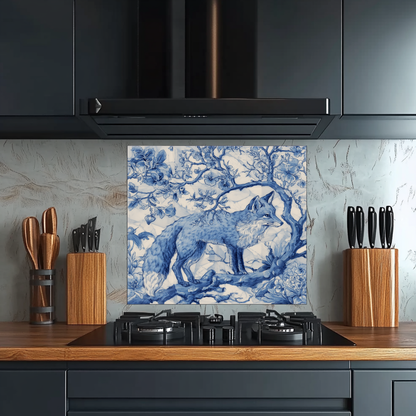 Delft Blue Fox Kitchen Glass Backsplash • Stove Behind Cover • Nature Inspired Kitchen Splashback Panel • Blue-White Home Decor