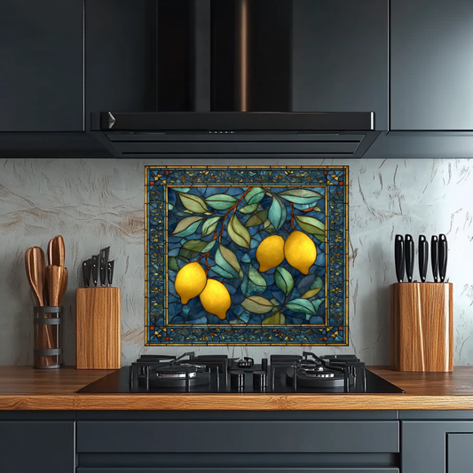 Mediterranean Tile Lemon Glass Backsplash • Classic Blue and Yellow Kitchen Panel • Artistic Italian Inspired Wall Design