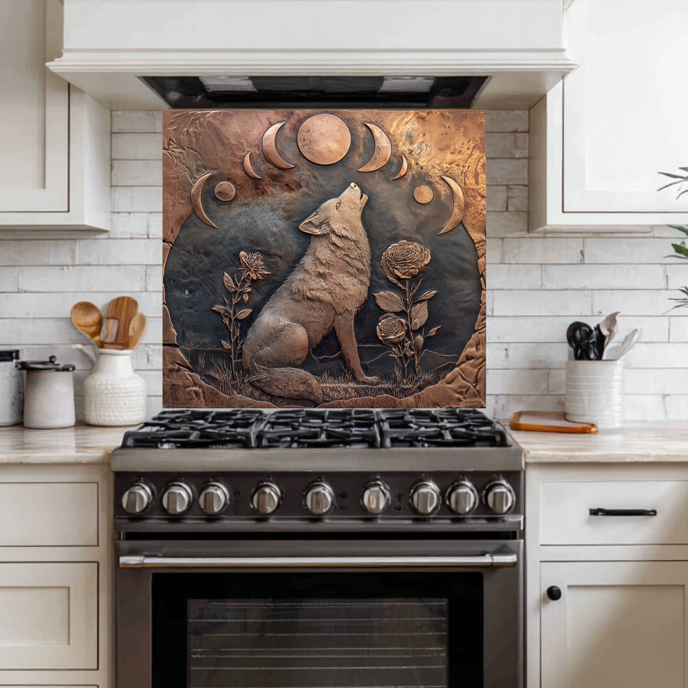 Copper Embossed Look Wolf Glass Backsplash • Wild Nature Kitchen Panel • Artistic Textured Style • Animal Decorative Panel
