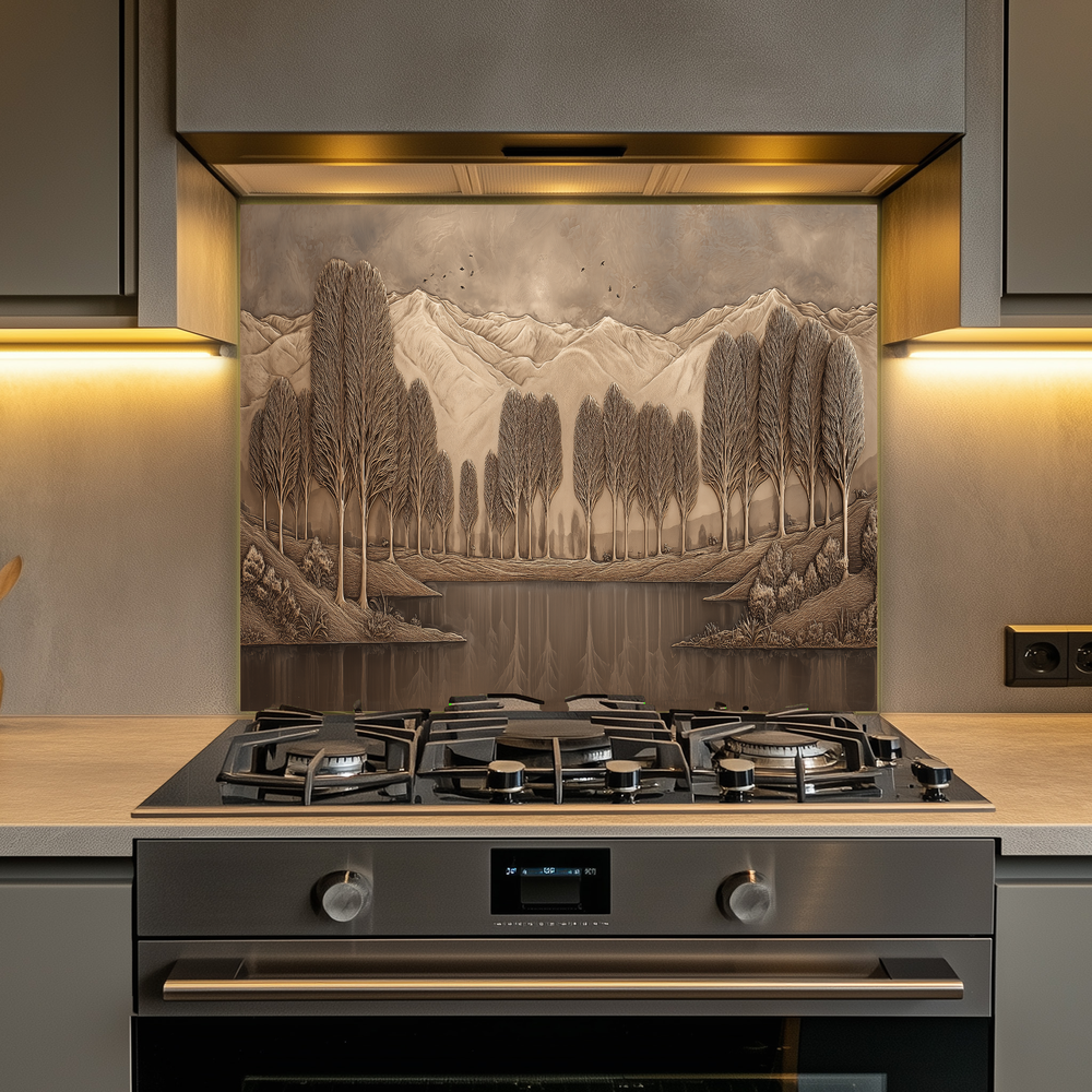 Copper Look Nature Landscape Glass Backsplash • Rustic Wall Art Panel • Mountain River Home Decor • Earthy Decorative Piece