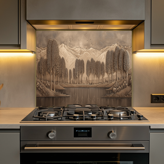 Copper Look Nature Landscape Glass Backsplash • Rustic Wall Art Panel • Mountain River Home Decor • Earthy Decorative Piece