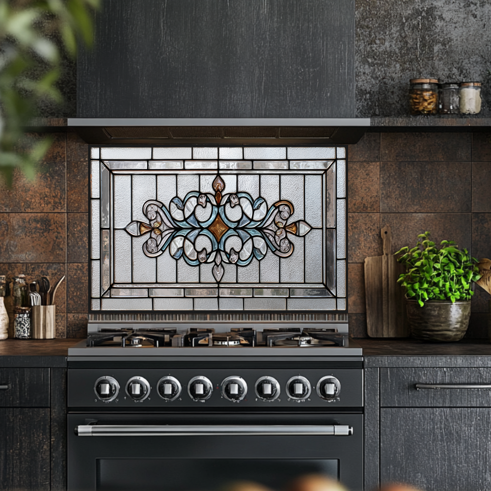 Classic Stained Look Glass Style Backsplash Panel, Tempered Glass Wall Art, Timeless Color Design, Elegant Kitchen Decor, Stove Protector