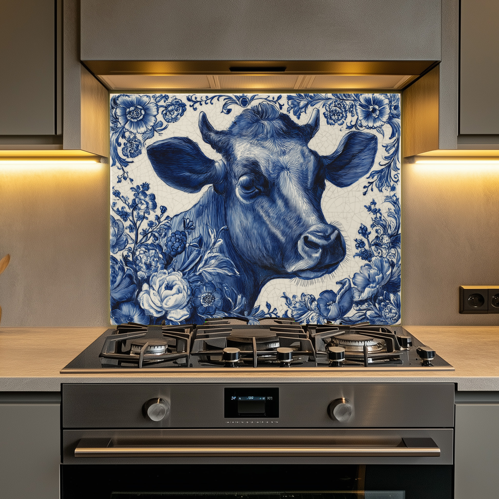 Delft Blue Cow Glass Backsplash Panel, Tempered Glass Wall Art, Dutch Farmhouse Kitchen Decor, Cow Pattern Tile, Rustic Animal Wall Panel
