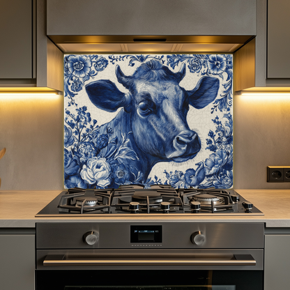 Delft Blue Cow Glass Backsplash Panel, Tempered Glass Wall Art, Dutch Farmhouse Kitchen Decor, Cow Pattern Tile, Rustic Animal Wall Panel