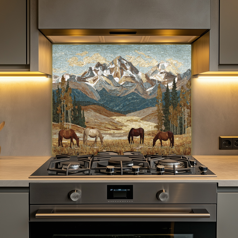 Nature and Horses Mosaic Glass Backsplash • Rustic Kitchen Panel • Artistic Equestrian Wall Art • Scenic Animal Design