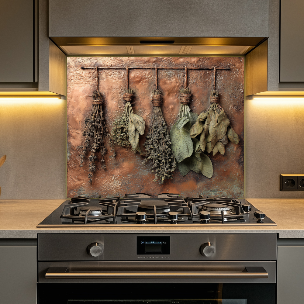 Dried Herbs and Spices Hanging Design Printed Tempered Glass Kitchen Backsplash Splashback Decorative Wall Panel, Modern Rustic Home Decor