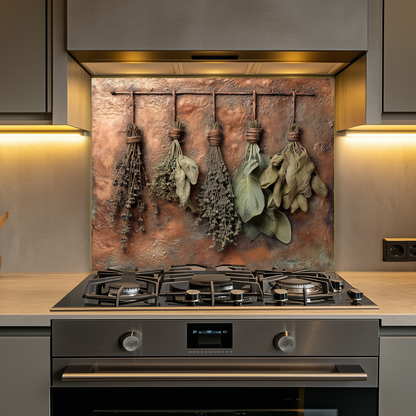 Dried Herbs and Spices Hanging Design Printed Tempered Glass Kitchen Backsplash Splashback Decorative Wall Panel, Modern Rustic Home Decor