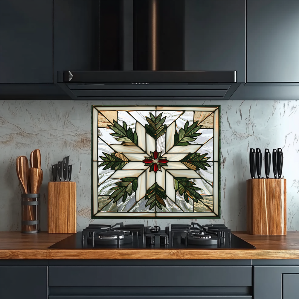 Stained Glass Leaves Kitchen Backsplash • Nature Inspired Glass Panel with Leaf Motifs • Heat-Resistant Glass for Stove Behind